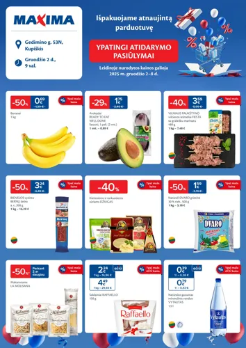 MAXIMA akcijų leidinys "Ypatingi atidarymo pasiūlymai atsinaujinusioje parduotuvėje Gedimino g. 53N, Kupiškyje" nuo gruodžio 2 d.