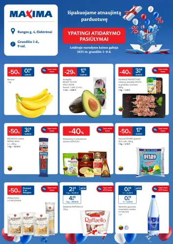MAXIMA akcijų leidinys "Ypatingi atidarymo pasiūlymai atsinaujinusioje parduotuvėje Rungos g. 4, Elektrėnuose" nuo gruodžio 2 d.